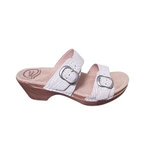 Dansko Sophie White Snakeskin Print Buckle Leather Platform Sandals Women’s 38